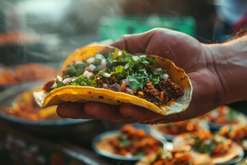 Canvas Print - Hand giving a tacos , Market Background at outdoor mexican restaurant market for advertising Fast Food menu