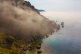 Fototapeta Las - calm sea bay  with rocky coast in a morning mist