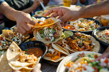 Wall Mural - Top view of a group of people eating Mexican tacos on the table
