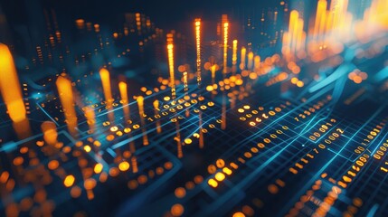 Abstract financial trading graphs and digital number of stock market exchange on monitor. Background of gold and blue digital chart to represent stock market trend.