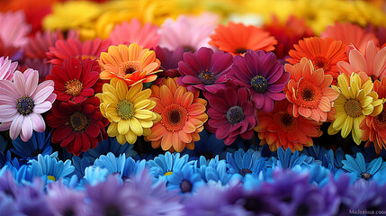 Poster - A variety of colorful flowers arranged neatly on a rustic wooden table, creating a vibrant and lively display