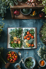 Canvas Print - A colorful culinary book with various fruits and vegetables fills a table, showcasing the beauty and freshness of natures bounty