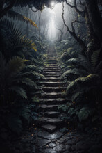 A Dark Forest With Stairs Leading To The Top/