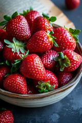 Fototapete - A bowl overflows with juicy, ripe strawberries, their vibrant red hues glistening in the light, enticing the viewer with their freshness