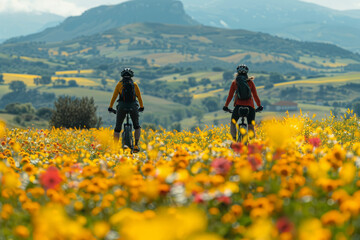 Wall Mural - Two people joyfully ride their bicycles through a vibrant field of colorful flowers on a sunny day, surrounded by beauty and nature