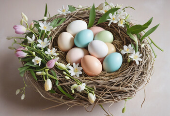 Poster - Easter floral composition with delicate pastel eggs and flowers in a nest