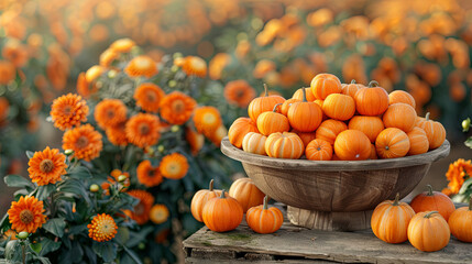 Poster - A wooden bowl brimming with vibrant orange pumpkins, embodying the essence of falls abundance and warmth