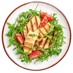 Wall Mural - Grilled Halloumi Cheese and tomatoes salad isolated on white background. clipping path included