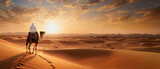 Fototapeta  - An Arab sits on a camel and looks at the sunrise. Panorama with copy space. Arab herdsman and camel enjoying the sunset in the desert. Created by artificial intelligence