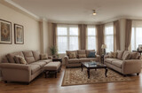 Fototapeta Przestrzenne - A well-lit modern elegant spacious living room with hardwood floors - two couches - chairs and elegant decor.