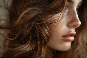 Wall Mural - A close-up view showcasing the intricate beauty of a woman with freckled hair, highlighting the unique patterns and textures