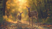 A Fawn And Its Hind Quietly Navigating The Forest Trails Of North Wisconsin, The Soft Hues Of Dawn Casting A Warm Glow Over The Scene, AI Generative