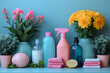 Spring cleaning, creative colorful background. Sprays and bottles with ecological cleaning product. Sanitizing home. Sponges, wipes and rubbers.