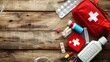 First aid kit essentials displayed on a wooden surface, with a top-down view emphasizing the kit’s variety and organization. The background provides a natural contrast to the brig, AI Generative