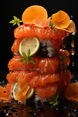 Wall Mural - A stunning display of sushi stacked on top of each other with vibrant orange slices and garnishes, creating a work of art on a plate