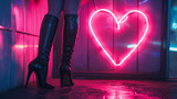 Fototapeta  - Close-up of elegant high heels against a vibrant neon heart backdrop