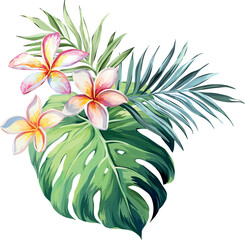 Wall Mural - Bouquet of tropical flowers. Plumeria, monstera, palm. Jungle, exotic. Bright flowers