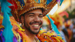 miling Man with Carnival Paint and Feathers