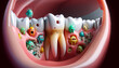Close up of a tooth covered in various types of caries Monsters  , showcasing a colorful array of dental hygiene 