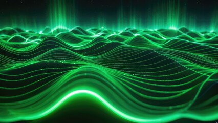 Wall Mural - Abstract green aurora undulating like silk across a 3D business technology landscape, cybernetic circuitry interweaving with ethereal light waves, depth of field blurring the periphery