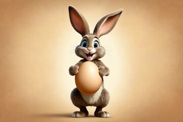 Wall Mural - Happy cartoon Easter bunny in full body, stock photograph quality, isolated against a sepia brown backdrop, capturing joy, displaying oversized ears, huge front teeth, clutching a pastel-colored egg