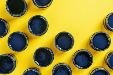 Wall Mural - Brightly colored paint cans on vibrant yellow background with empty space in center for text or design concept