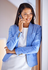 Poster - Businesswoman, phone call and communication in home for talking networking for entrepreneur job, startup or internet. Female person, smartphone and conversation for career connectivity or contact us