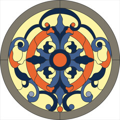 Wall Mural - Ceiling round panels, stained glass window. Abstract Flower, swirls and leaves in circle frame, geometric ornament, yellow color, symmetric composition, tiffany technique, classic style. Vector