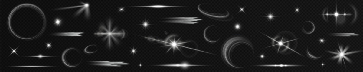 Wall Mural - Light effect set. Glow isolated white transparent light effect set, lens flare, explosion, glitter, dust, line, sun flash, spark and stars, spotlight, curve twirl. Sunlight, abstract special effect.