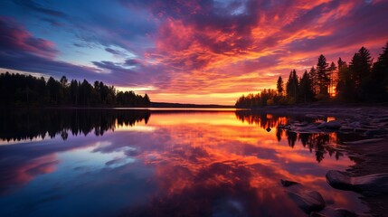 Wall Mural - Spectacular Sunset Over Tranquil Lake with Colorful Reflections - Canon RF 50mm f/1.2L USM Captured Scene