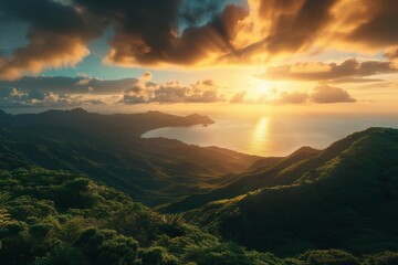  Sunset over green mountain with atlantic ocean,