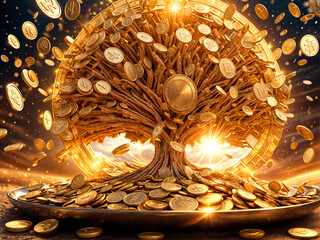 Gold coins with a gold tree representing crypto market