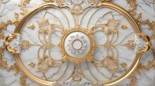 Symmetrical Background, 3d Wallpaper Ceiling Design Model. Decorative Frame On A Luxurious Background Of Gold And White Marble And Mandala.