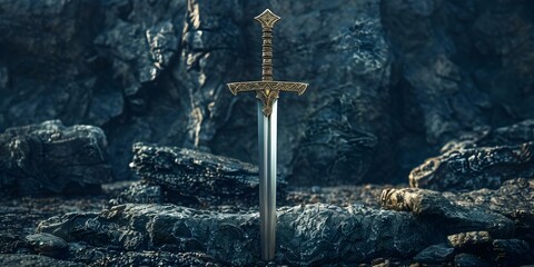 The Legendary Sword in the Stone: King Arthur's Excalibur. Concept Medieval Legends, Mythical Weapons, Knights of the Round Table, Camelot, Sword of Power