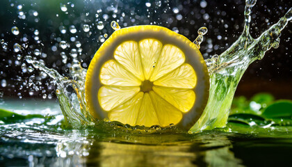 Wall Mural - Slice of fresh yellow lemon, with water droplets splashing around. Healthy and tasty fruit. Juicy citrus.