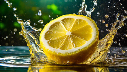 Wall Mural - Half of fresh yellow lemon, with water droplets splashing around. Healthy and tasty fruit. Juicy citrus.