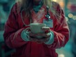 © Vitalii But - Close-up of a doctor holding a steaming cup of coffee while on a break, wearing scrubs with ID badge visible.