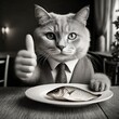 Kot siedzący za stołem przed talerzem z rybą i trzymający uniesioną łapkę z kciukiem do góry
