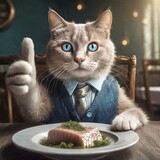 Fototapeta Niebo - A cat sitting at a table in front of a plate of fish and holding a raised paw with a thumbs up