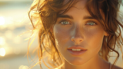 Wall Mural - Young girl with freckles in sunlight on the beach. Natural beauty close-up.