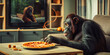 Chimpanzee dining on pizza at the table in the living room while watching TV, pizza delivery poster