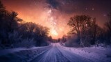Fototapeta  - The serene path of a road cutting through a white, snowy landscape, AI Generative