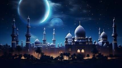 Wall Mural - Ramadan kareem celebration illustration template with night landscape with mosque and moon
