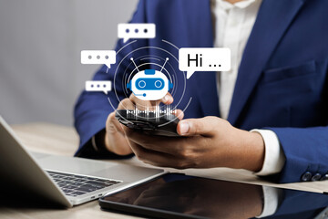 Aufkleber - AI Artificial Intelligence,Digital chatbot, Man chatting with digital assistant chatbot on mobilephone on internet application,Future of customer service man utilizes AI chatbot for instant assistance