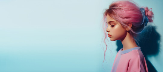 Wall Mural - Young girl with pink hair on a blue background.