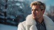Handsome white man with model hair, white fur coat with long faux fur