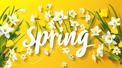 Joyful Spring logo with an explosion of flowers on Lemon background, happy handwriting word in a colorful floral design, festive seasonal greeting card, 
