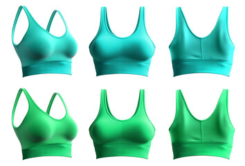 2 Set of turquoise blue green, front back side view, sports exercise bra tank crop top on transparent background cutout, PNG file. Mockup template for artwork graphic design	
