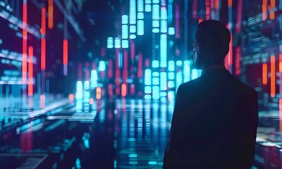 Businessman see Technology light virtual screen, a digital world with lot of data and a businessman thinking about that, digital screen.