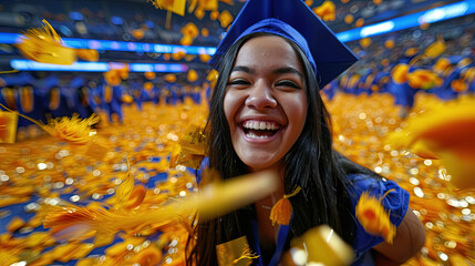 Wall Mural - A woman wearing a graduation cap and gown stands amidst a flurry of confetti, celebrating her academic achievement